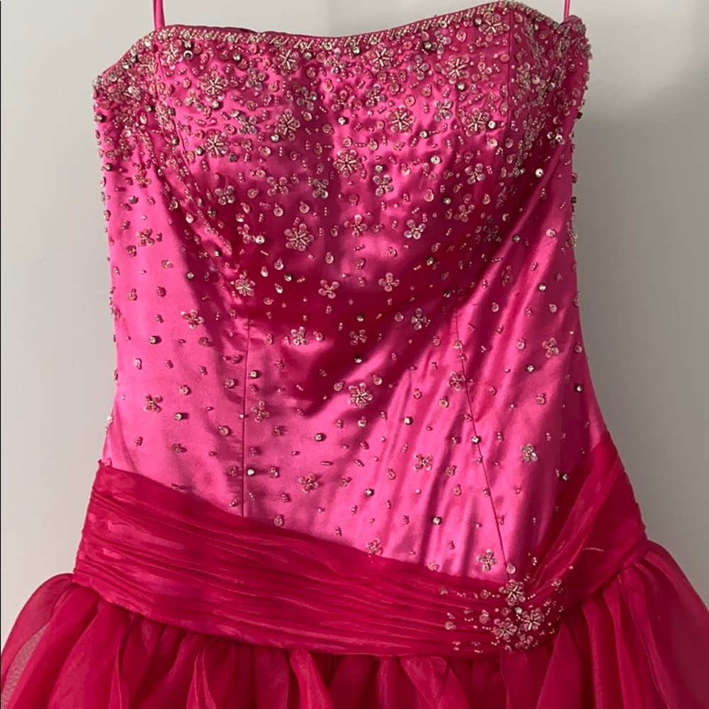 Hot Pink Strapless Gown w/ Full Tiered Skirt